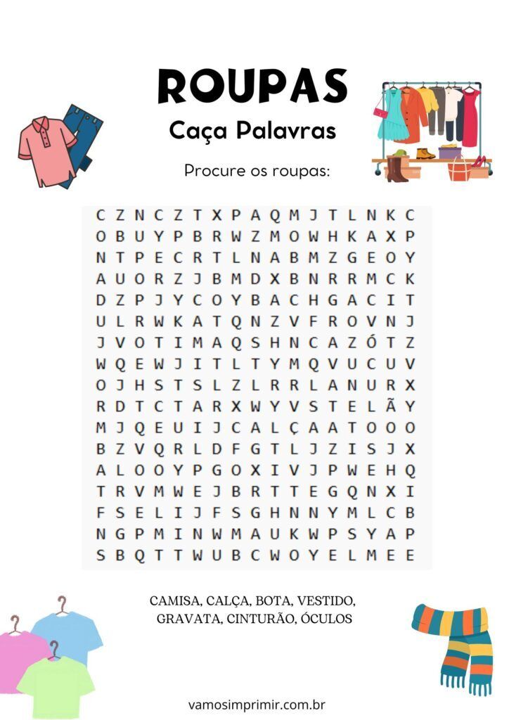 Caça Palavras sobre Roupa para Imprimir e Aprender