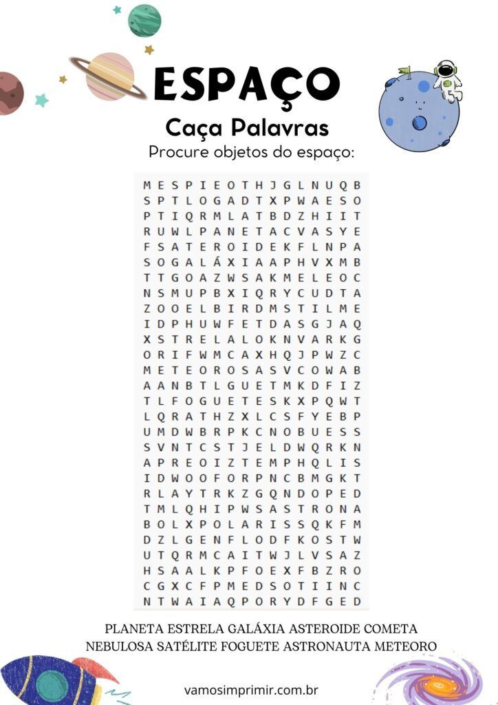 Caça Palavras sobre Temas do Espaço para Imprimir