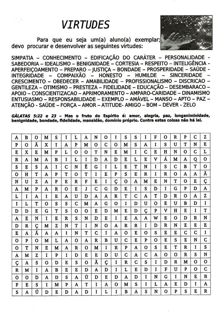Caça Palavras sobre Virtudes para Imprimir e Aprender
