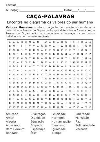 Caça Palavras Valores Humanos para Imprimir e Aprender