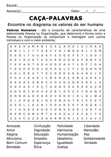 Caça Palavras Valores Humanos para Imprimir