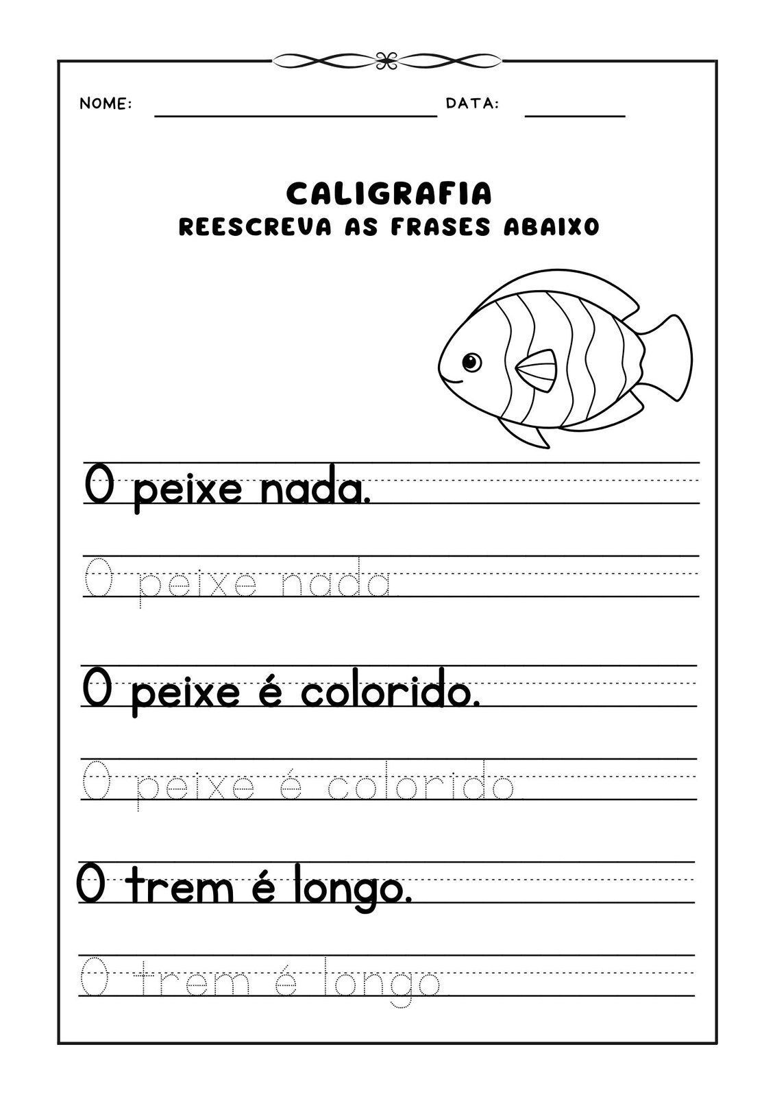 Caderno de caligrafia para imprimir com peixe colorido