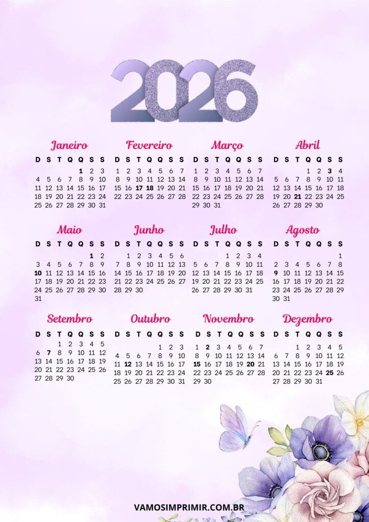 Calendário 2026 Floral para Imprimir e Organizar