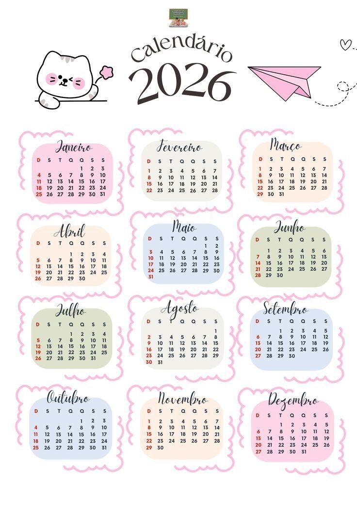 Calendário 2026 Para Imprimir Colorido e Divertido