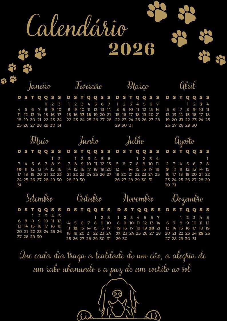 Calendário 2026 para imprimir com estilo divertido e cães
