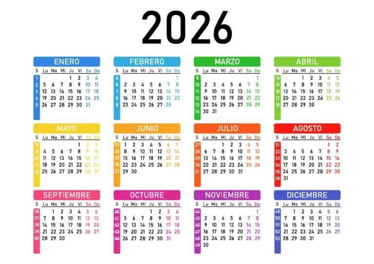Calendário 2026 para imprimir em espanhol com feriados