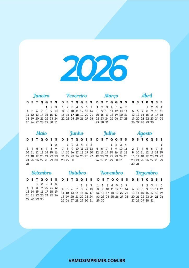 Calendário Anual de 2026 para Imprimir e Planejar