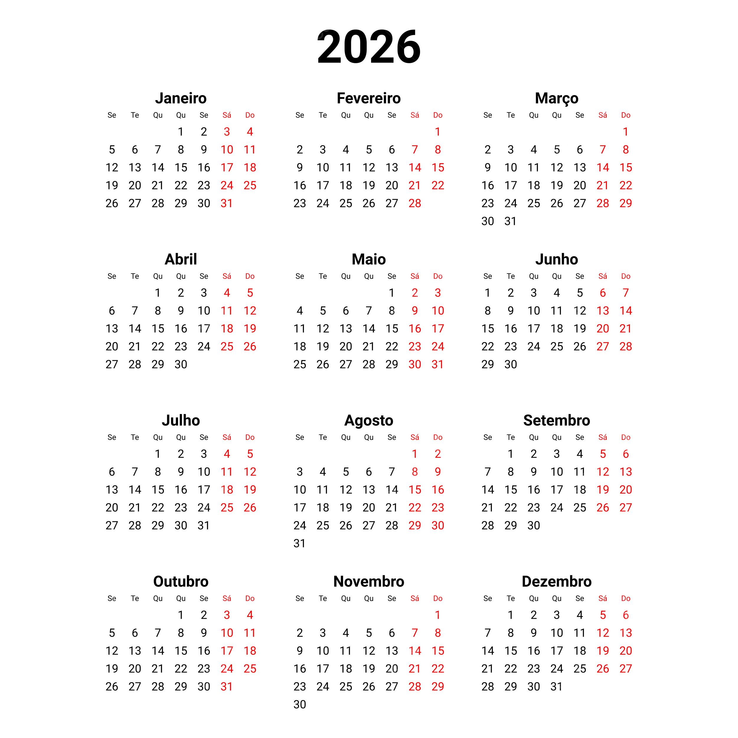 Calendário anual de 2026 para imprimir em formato compacto