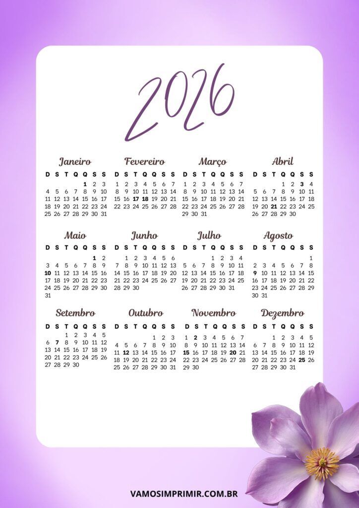 Calendário anual de 2026 simples para imprimir em roxo