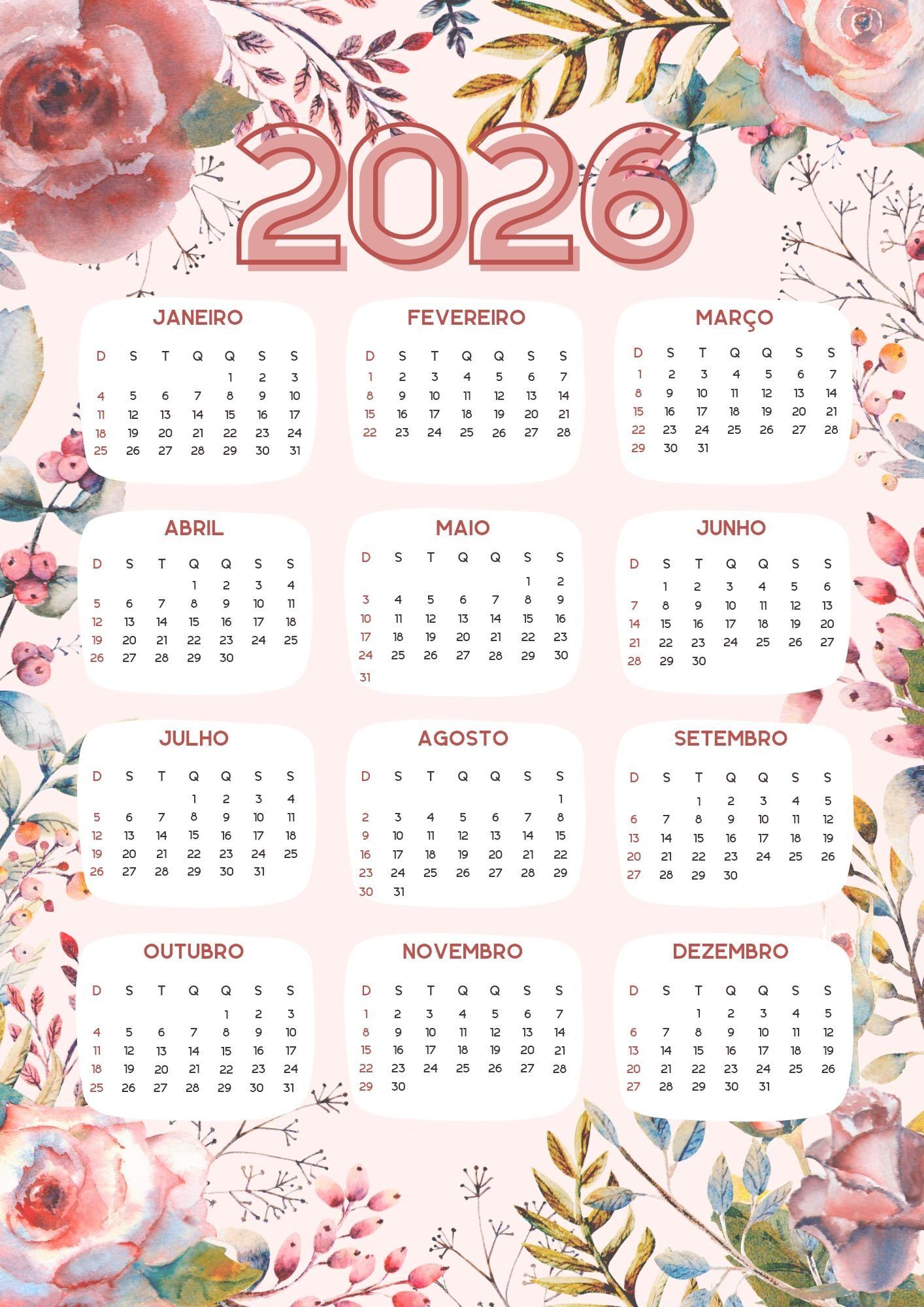Calendário anual floral de 2026 para imprimir
