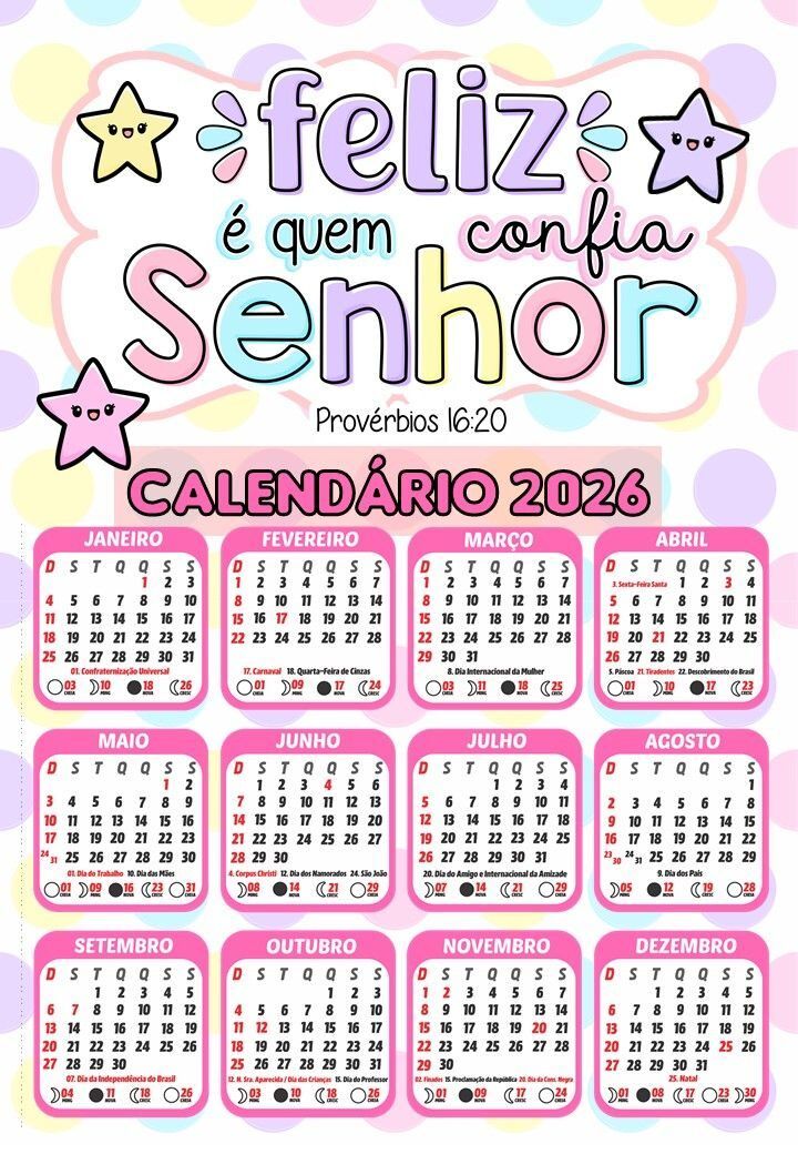 Calendário colorido de 2026 com mensagem de fé