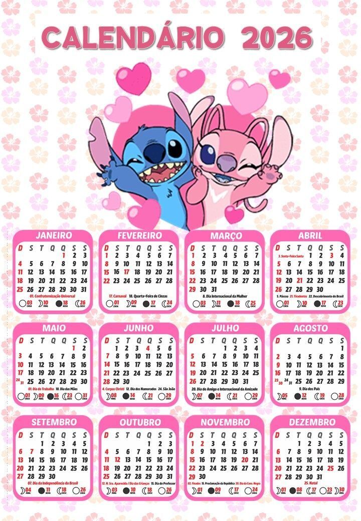 Calendário Colorido de 2026 para Imprimir e Usar