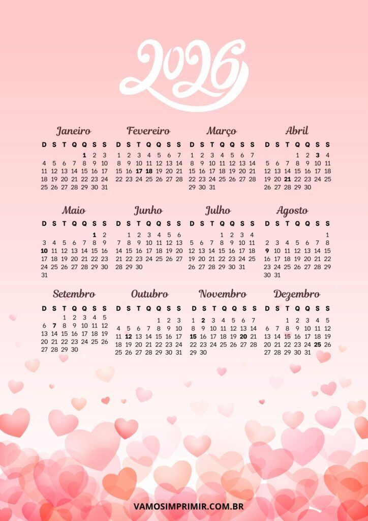 Calendário de 2026 com Design de Corações para Imprimir