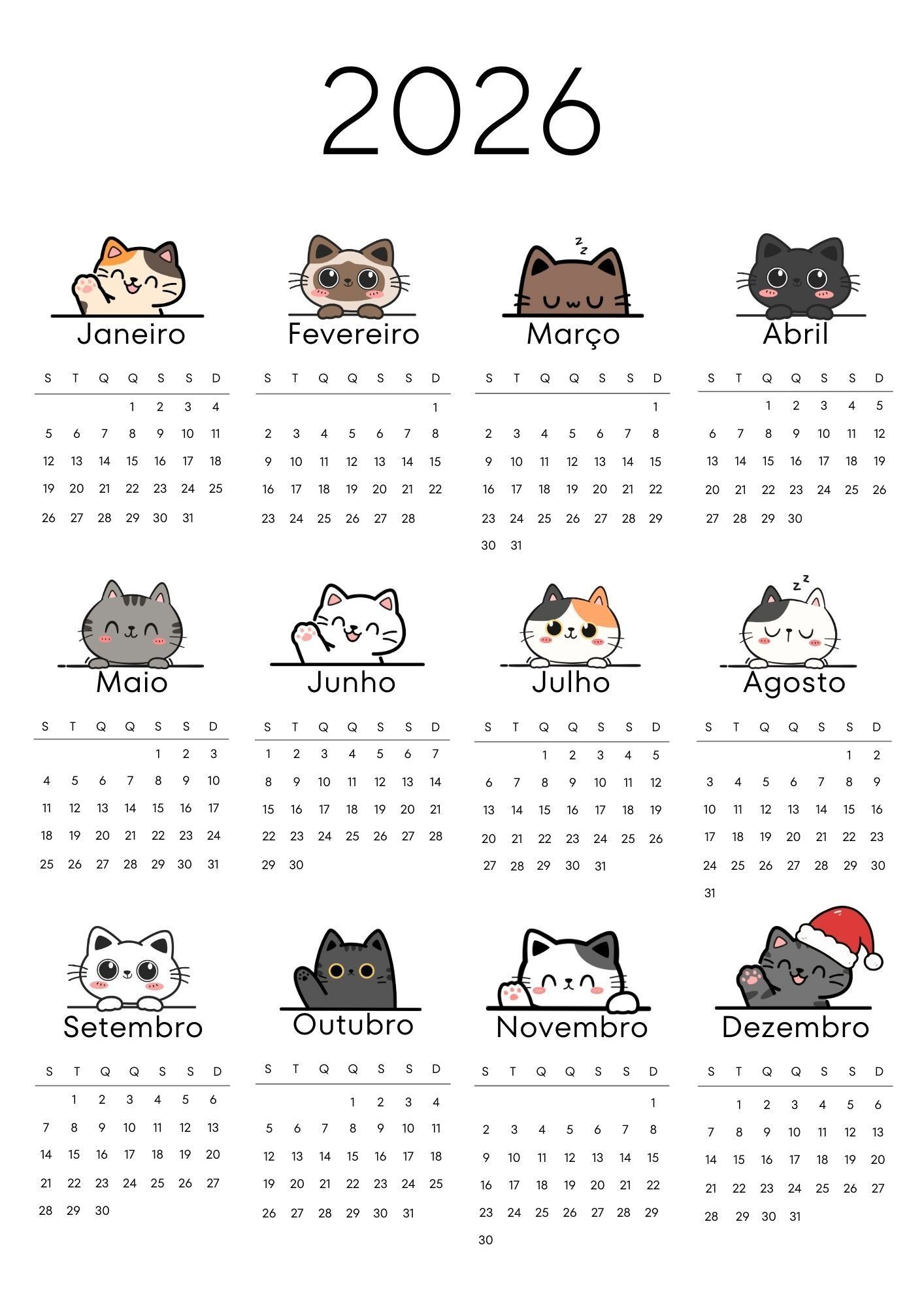 Calendário de 2026 com Gatos Diversão e Aconchego