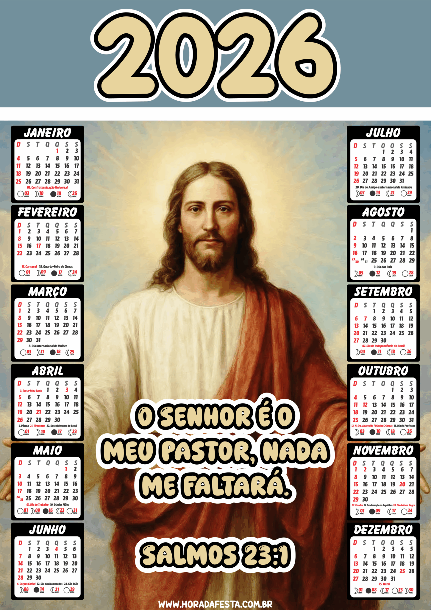 Calendário de 2026 com Jesus Cristo e Salmos 23:1