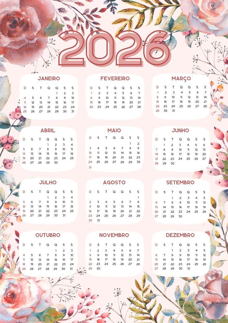 Calendário de 2026 Decorado com Flores e Folhagens