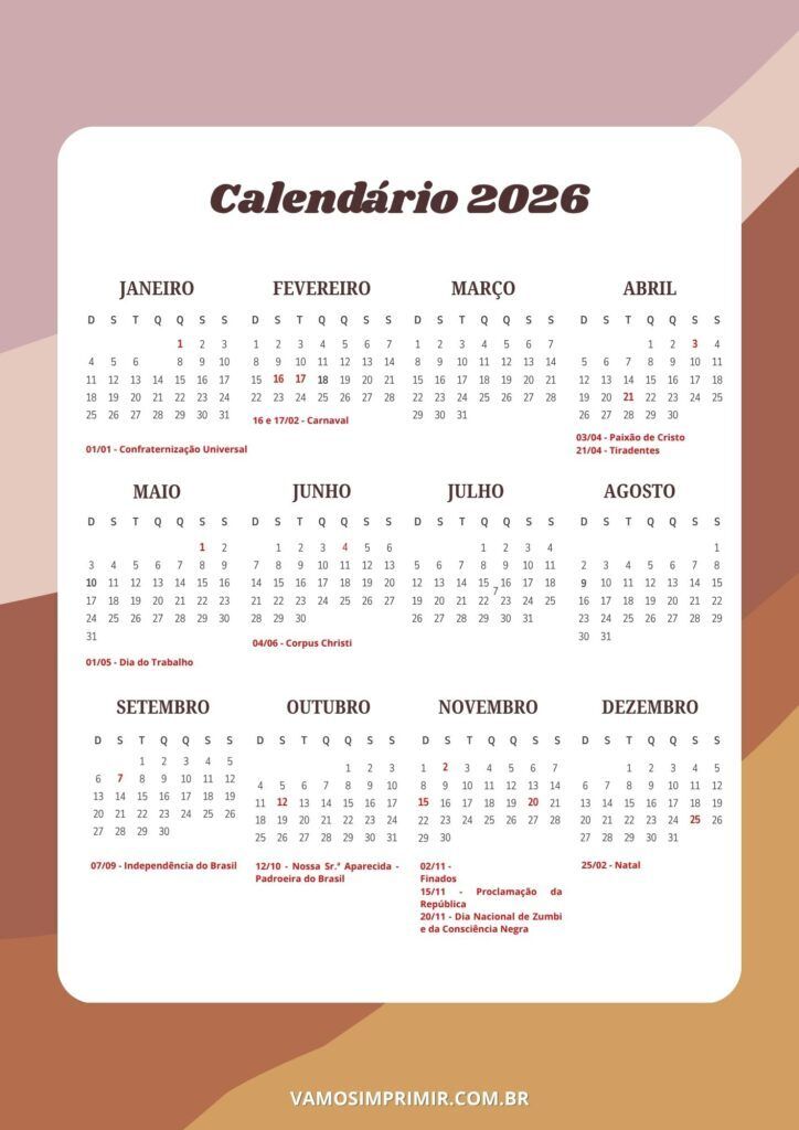 Calendário de 2026 para Imprimir com Feriados Destacados