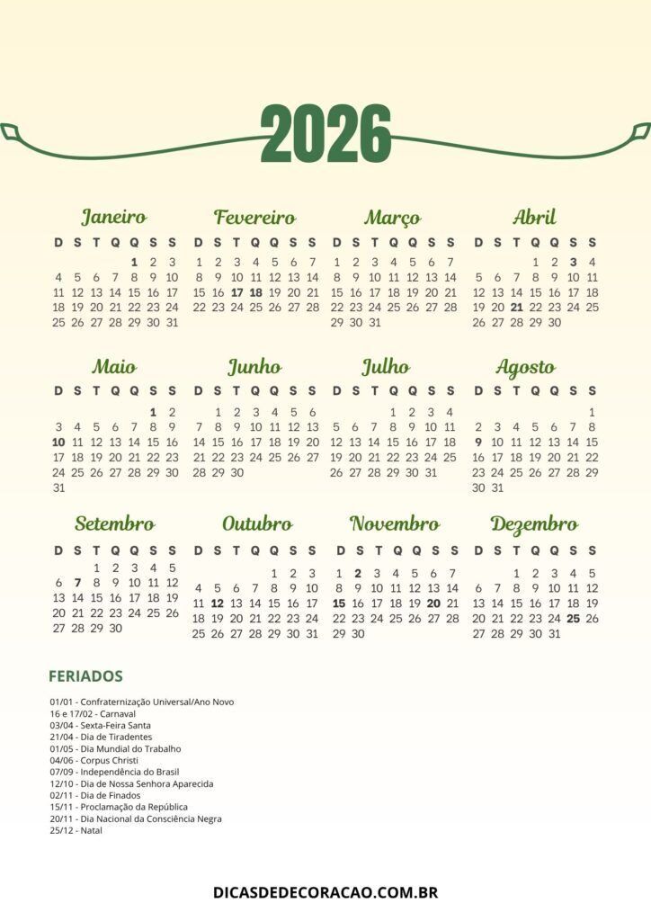 Calendário de 2026 para imprimir com Feriados e Design Simples