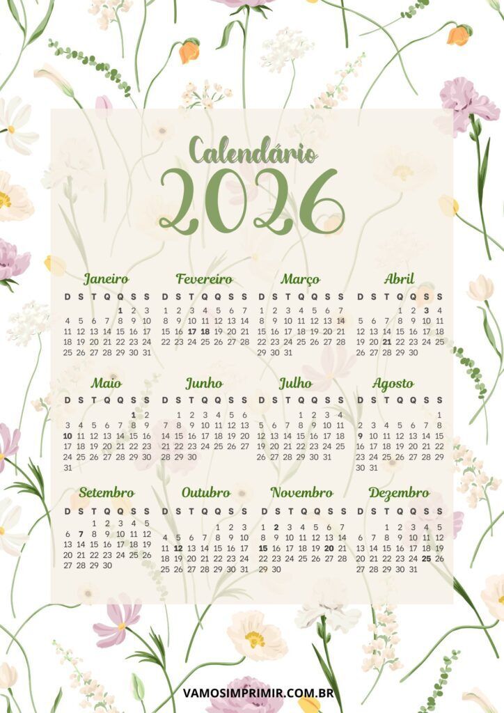 Calendário de 2026 para imprimir com fundo floral delicado