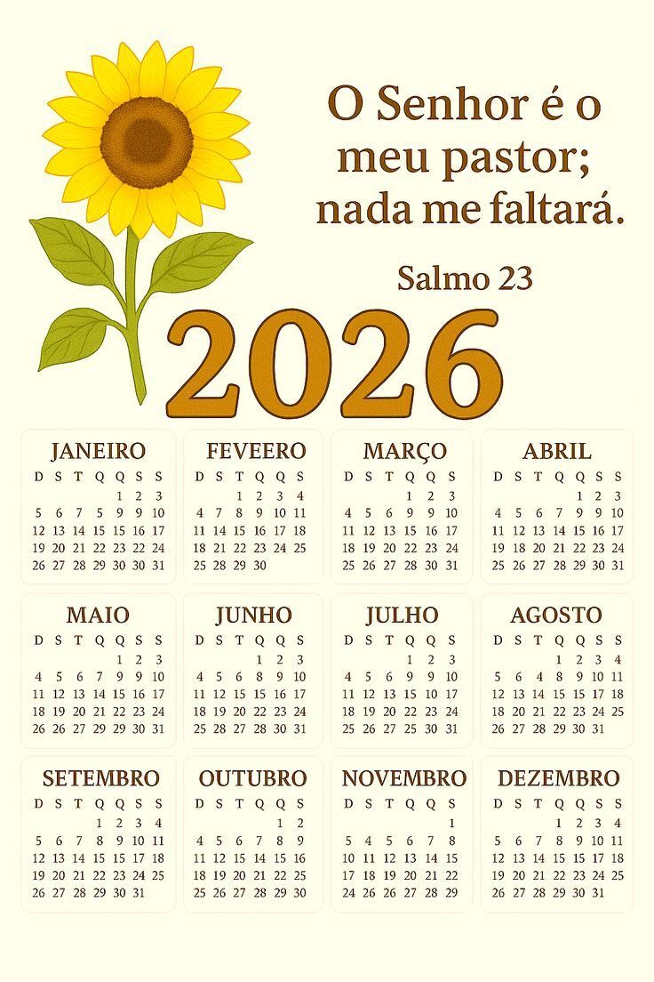 Calendário de 2026 para imprimir com Girassol e Citação