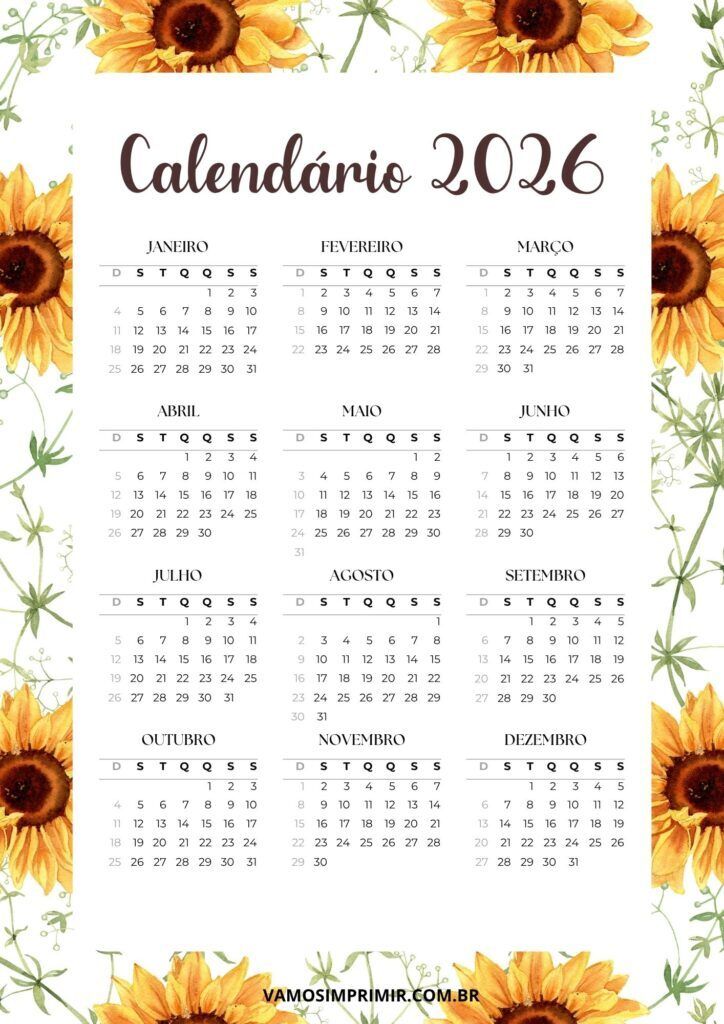 Calendário de 2026 para imprimir com tema de girassol