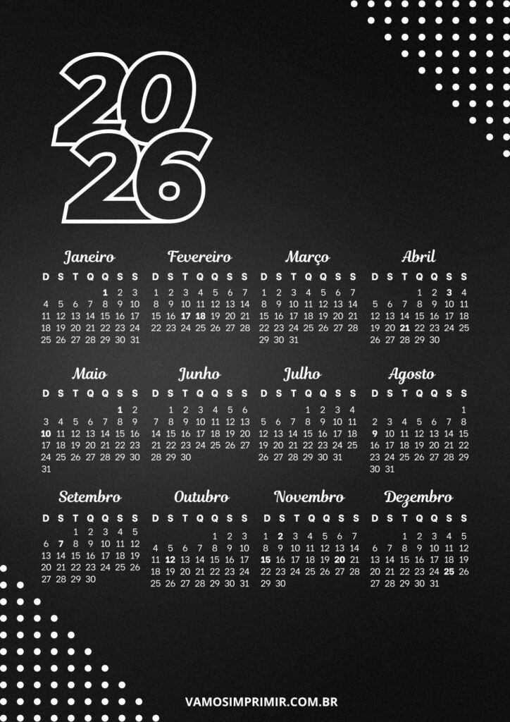 Calendário de 2026 para Imprimir em Formato Vertical