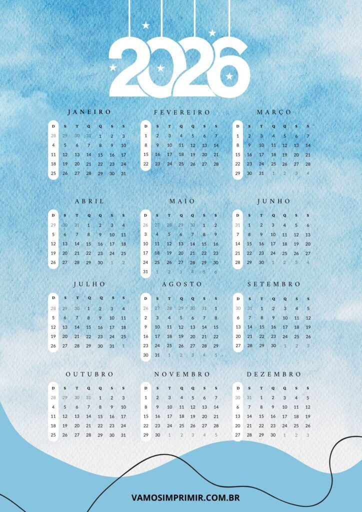 Calendário de 2026 para Imprimir em Fundo Azul Claro