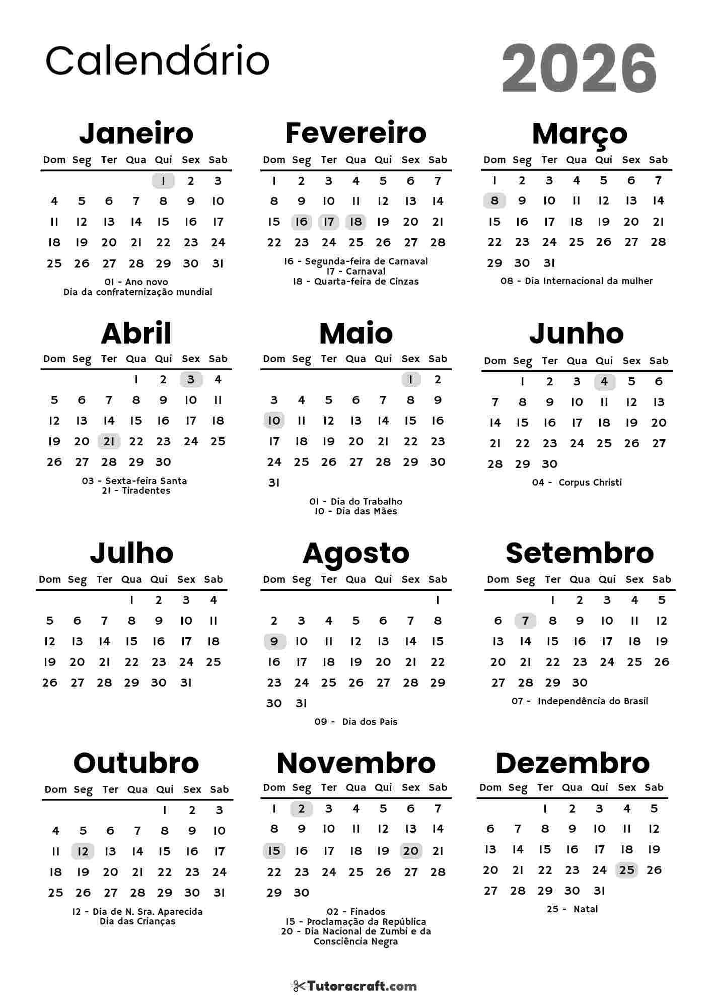 Calendário de 2026 para imprimir em preto e branco
