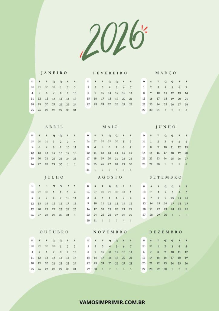 Calendário de 2026 para imprimir em verde e branco