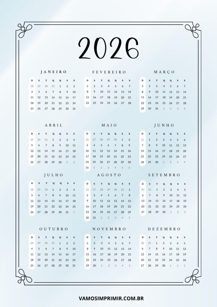 Calendário de 2026 para Organizar Seus Compromissos