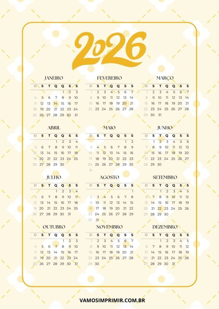 Calendário de 2026 vertical para imprimir e organizar
