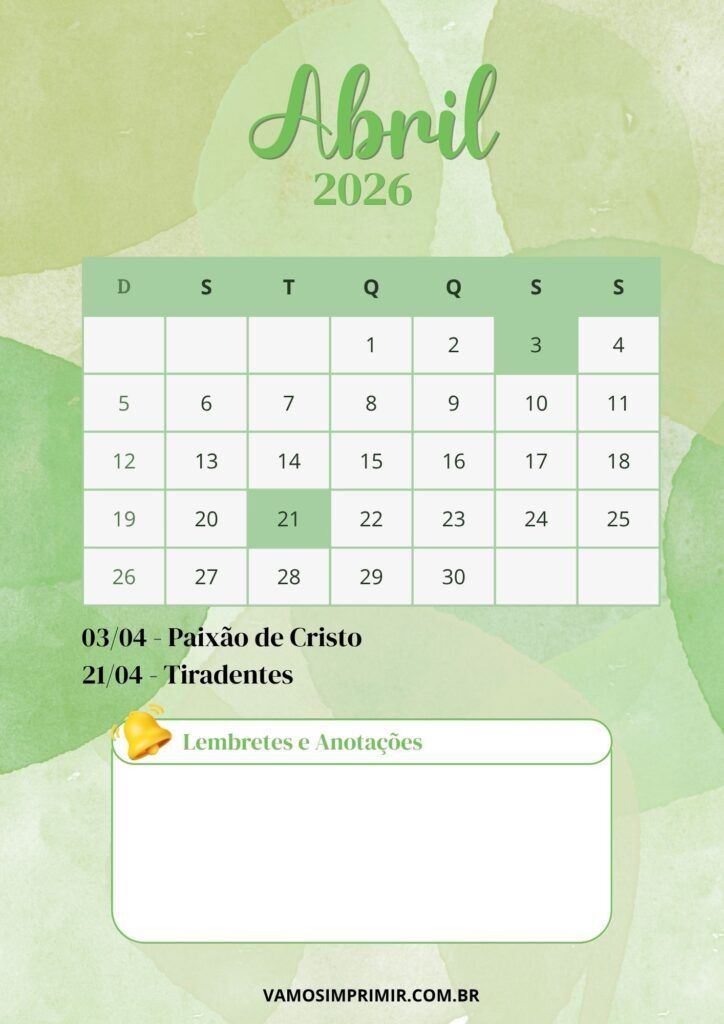 Calendário de Abril de 2026 com Feriados Importantes