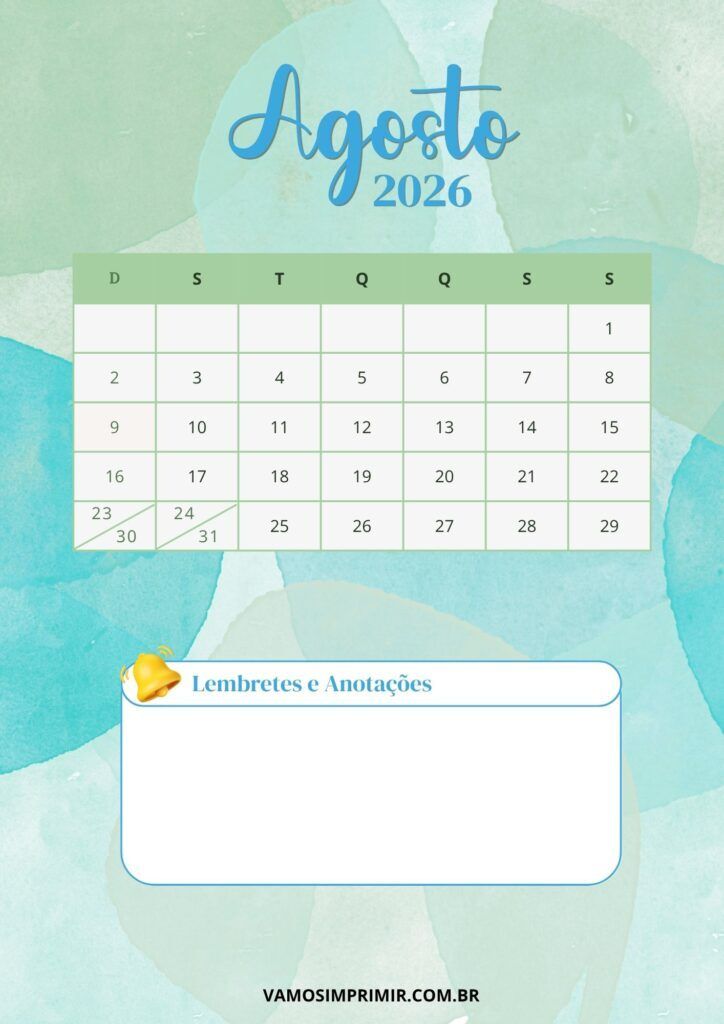 Calendário de Agosto de 2026 para Imprimir com Lembretes