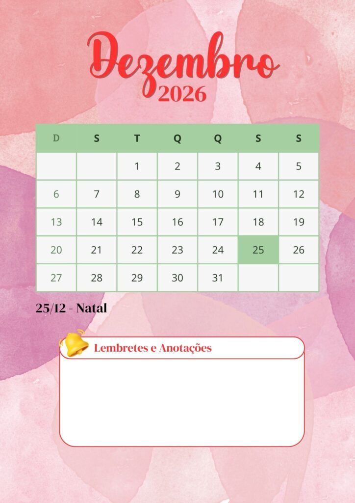 Calendário de dezembro de 2026 para imprimir com Natal destacado
