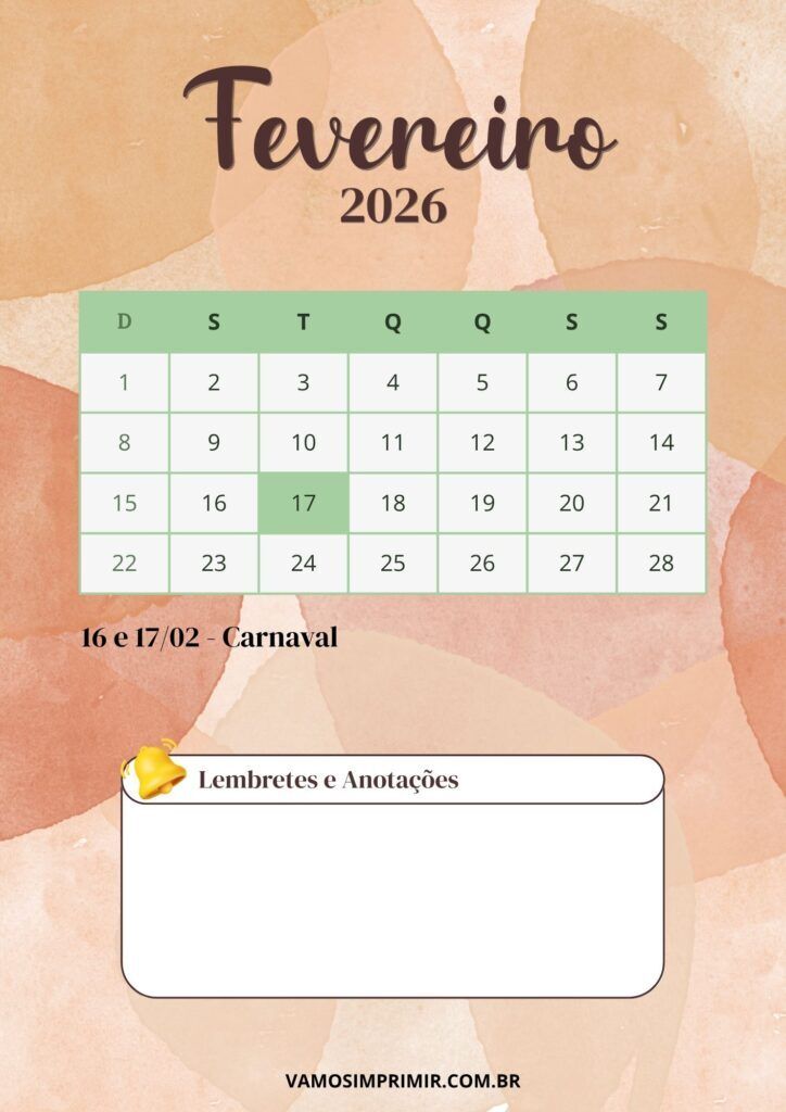 Calendário de Fevereiro de 2026 para Imprimir e Anotar