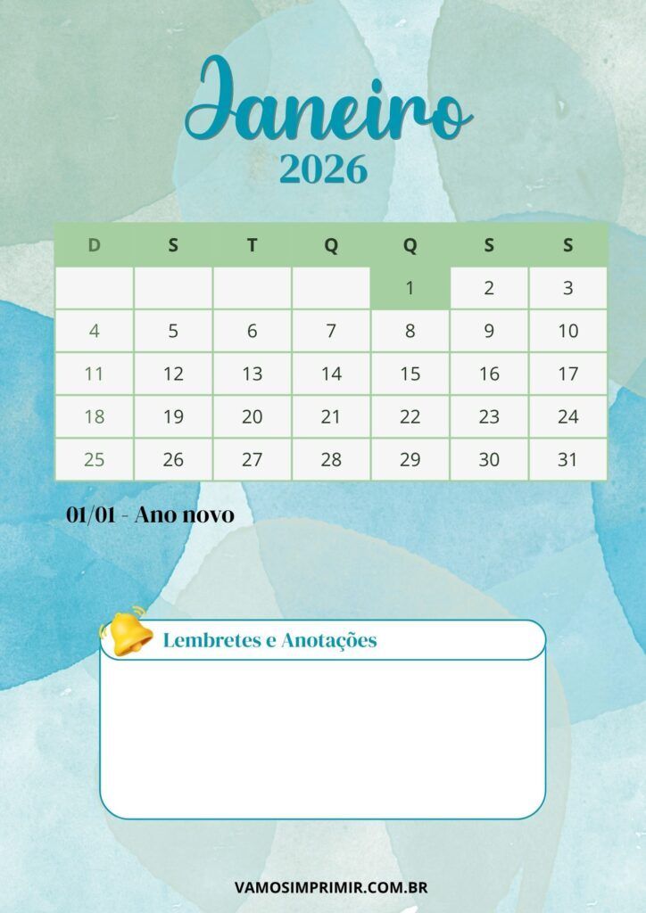 Calendário de Janeiro de 2026 para Imprimir e Organizar