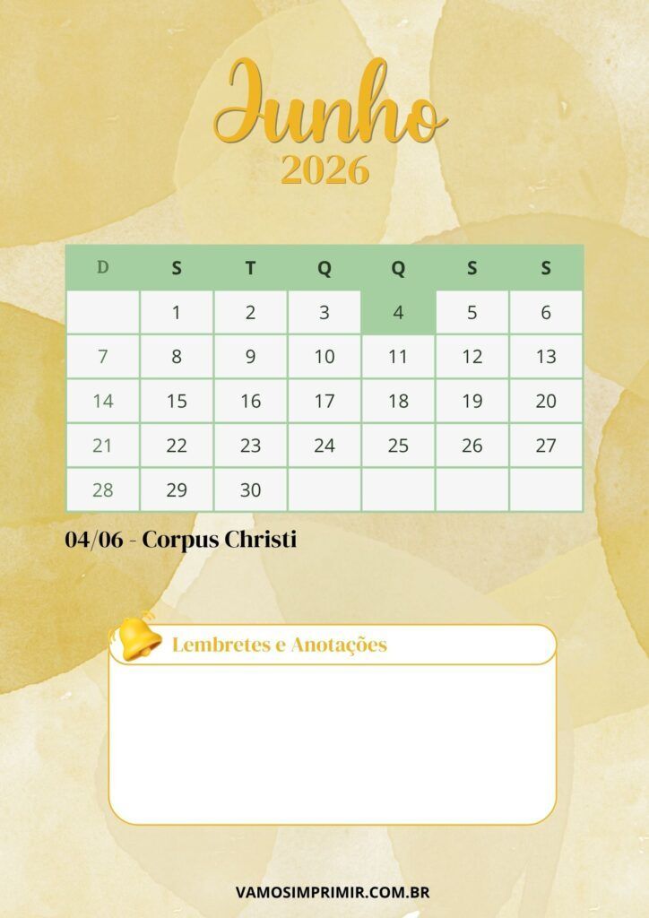 Calendário de Junho de 2026 para Imprimir com Feriados