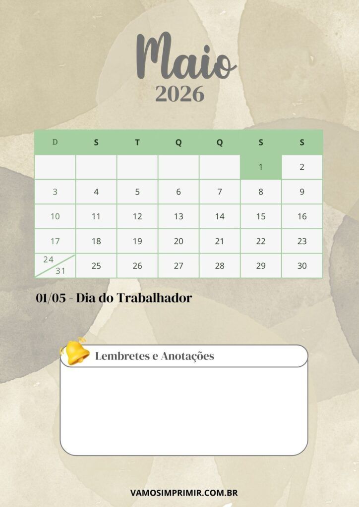 Calendário de Maio de 2026 para Imprimir com Anotações