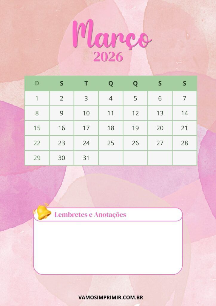 Calendário de março de 2026 para imprimir com Lembretes