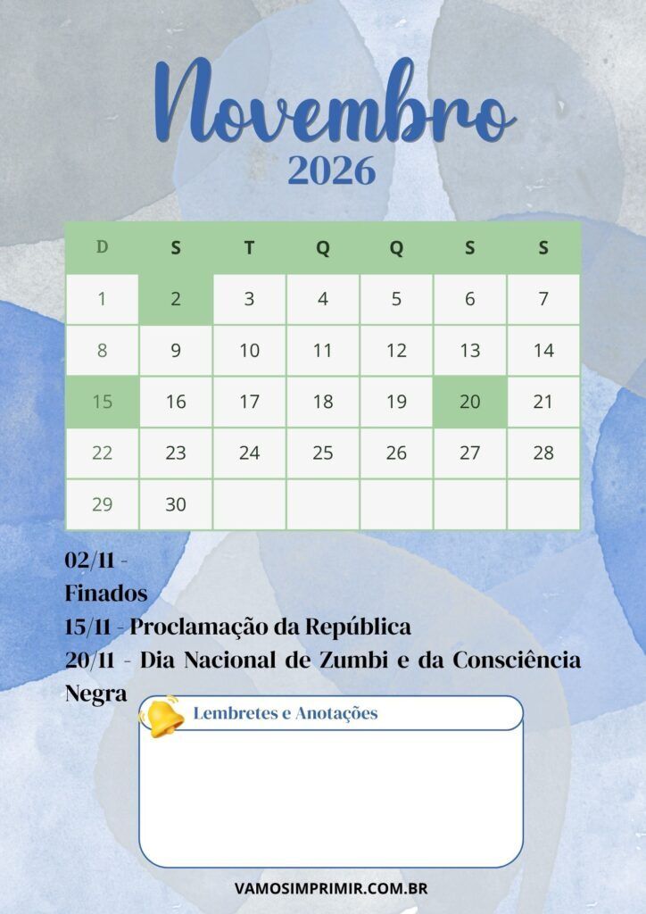 Calendário de Novembro de 2026 com Feriados e Anotações