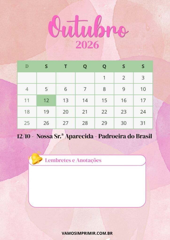 Calendário de Outubro de 2026 para Imprimir com Feriados