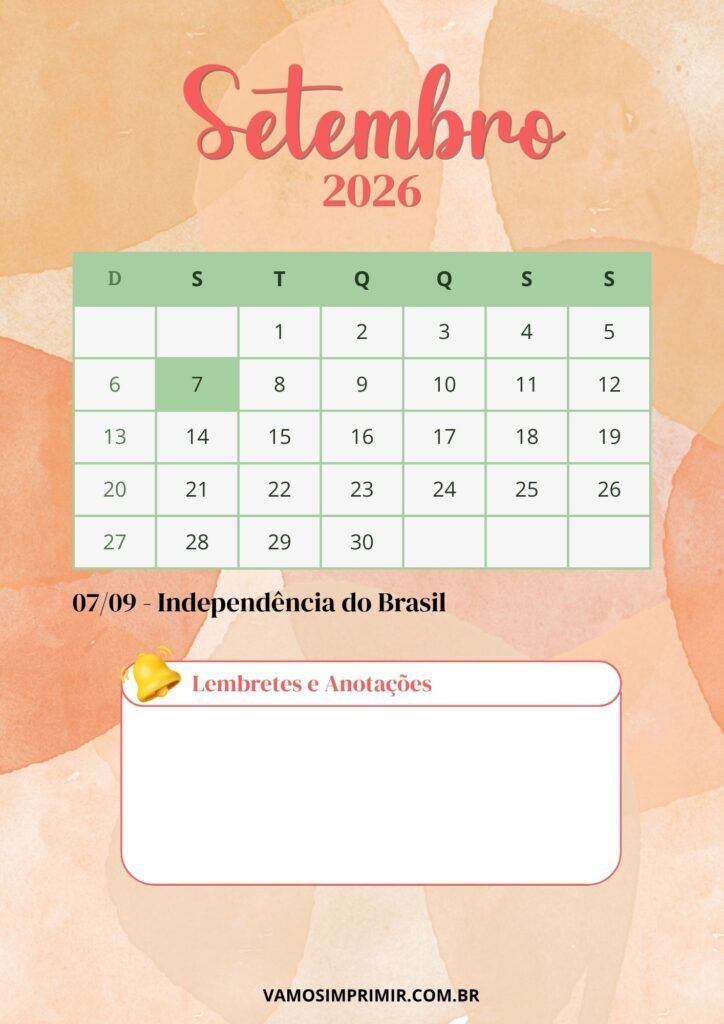 Calendário de Setembro de 2026 para Imprimir com Feriados