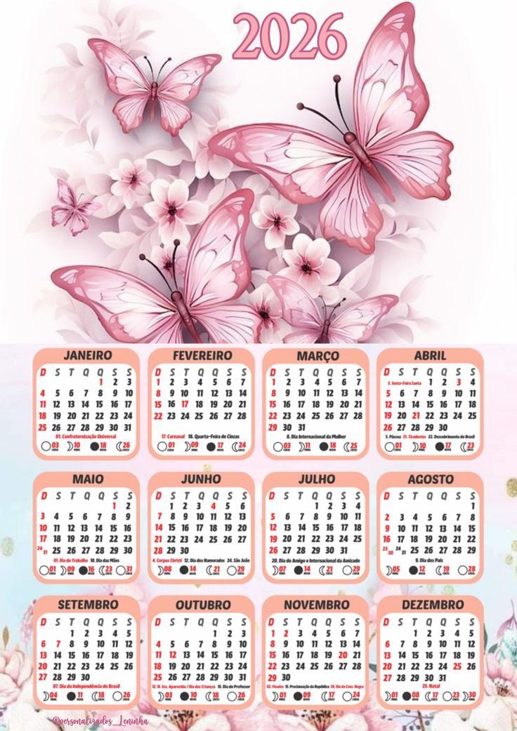 Calendário decorativo de 2026 para imprimir com borboletas e flores
