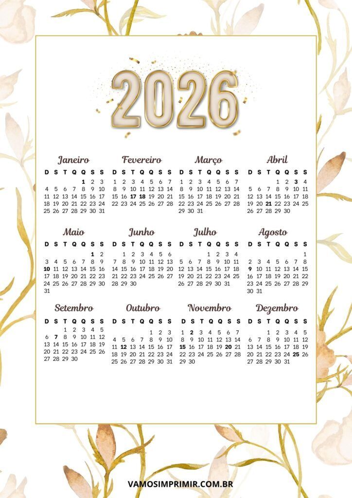 Calendário elegante de 2026 para imprimir e decorar