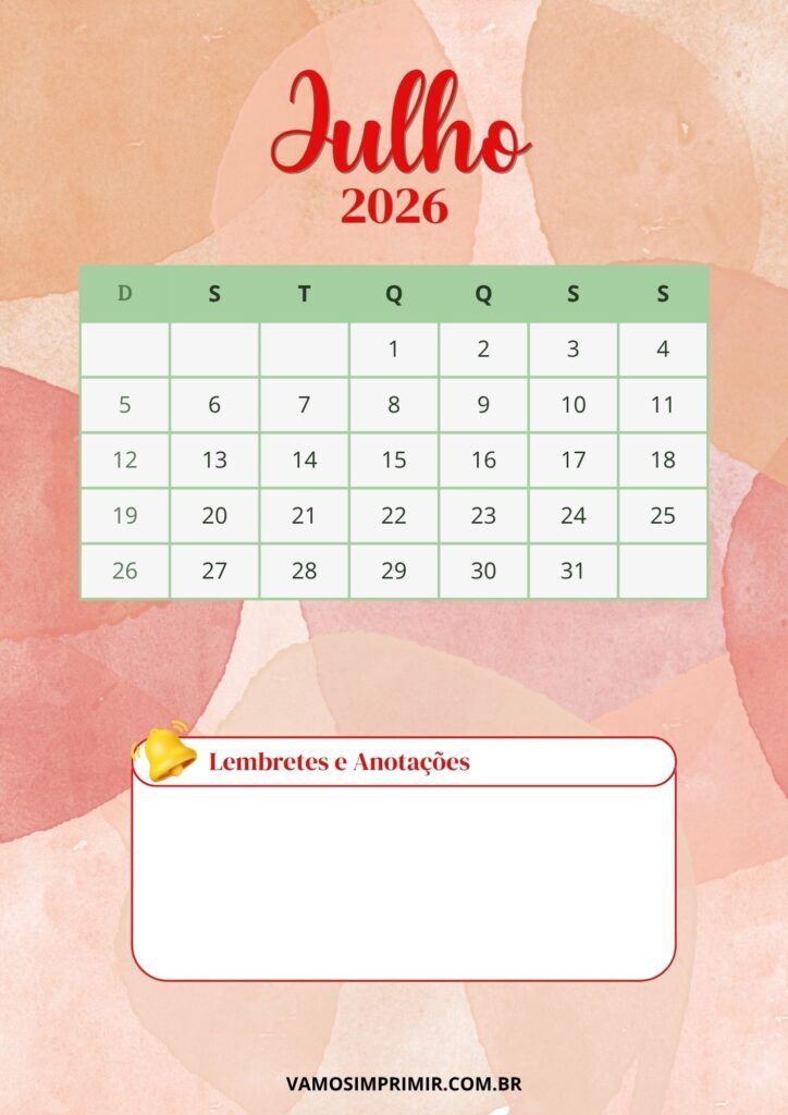 Calendário julho 2026 colorido para imprimir