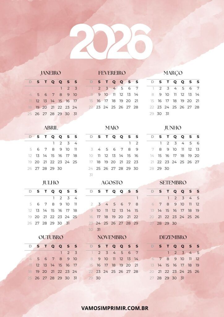 Calendário Minimalista de 2026 para Imprimir em Rosa e Branco