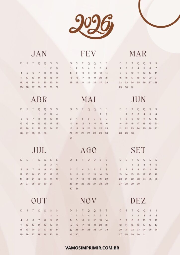 Calendário minimalista de 2026 para imprimir facilmente