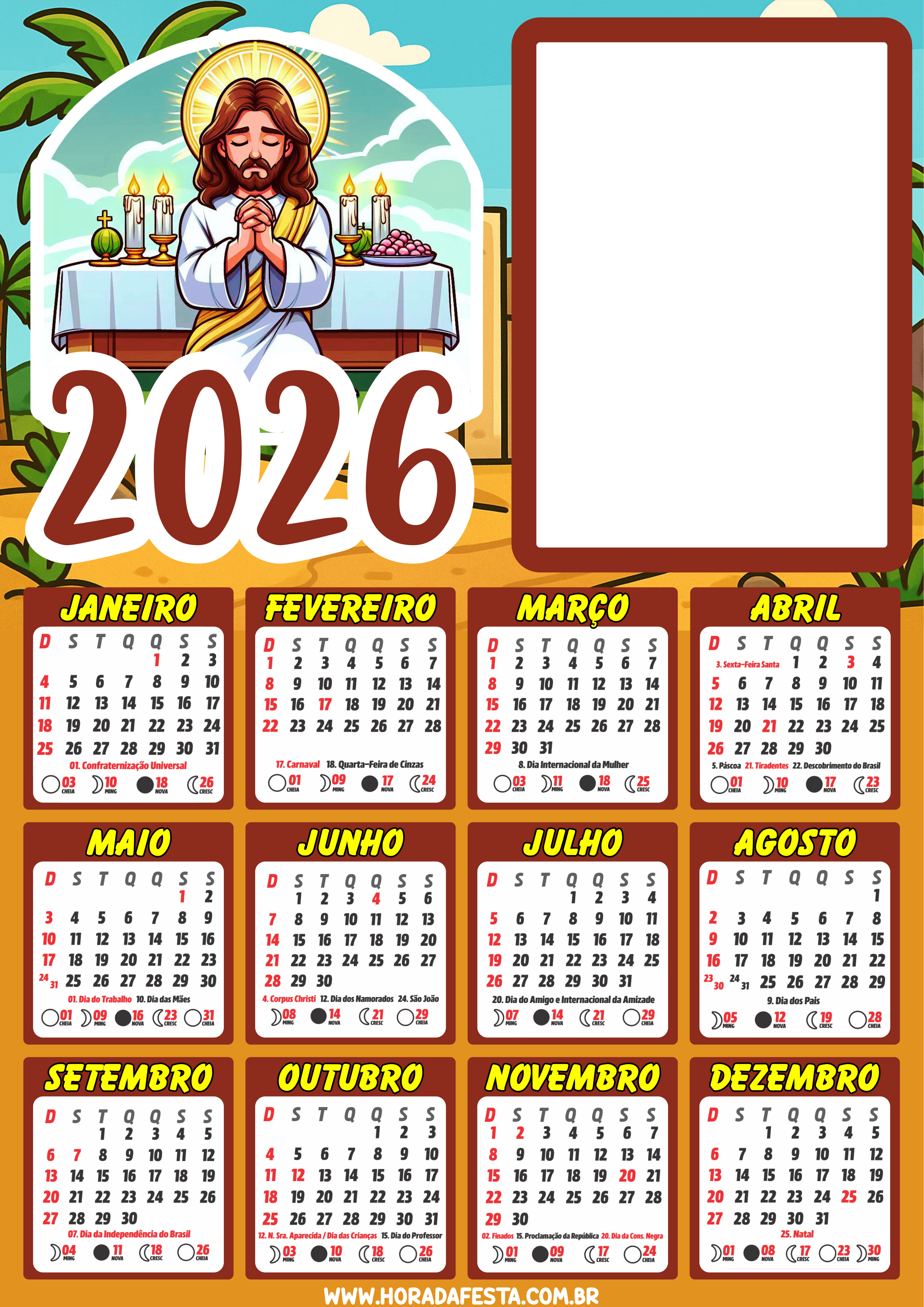 Calendário Religioso de 2026 para Imprimir com Jesus Cristo
