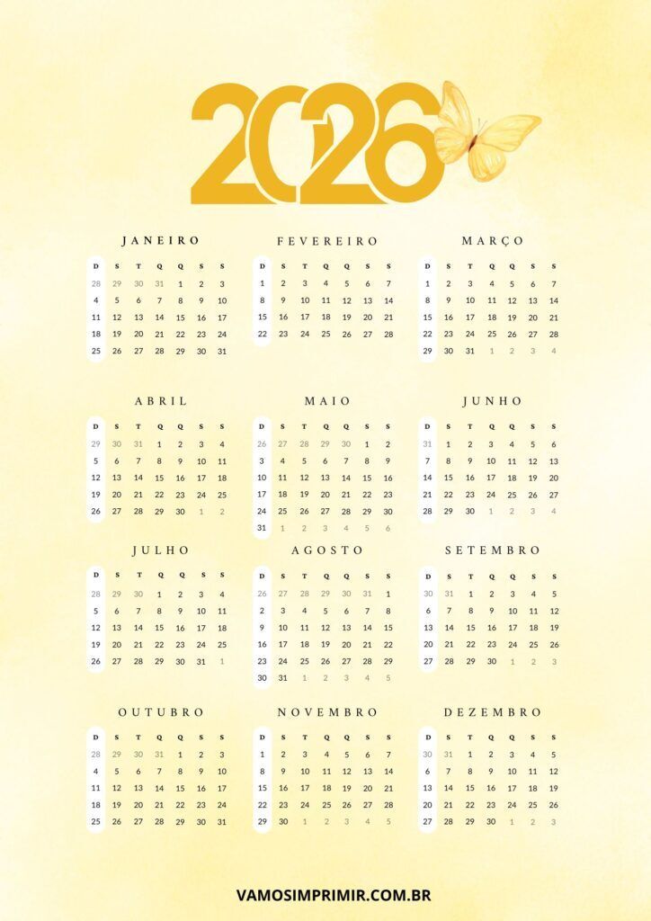 Calendário Vertical de 2026 para Imprimir com Estilo