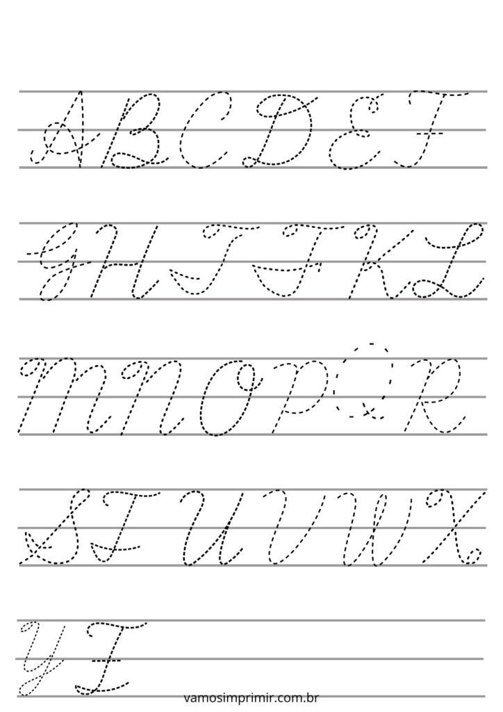 Caligrafia para imprimir: alfabeto cursivo pontilhado